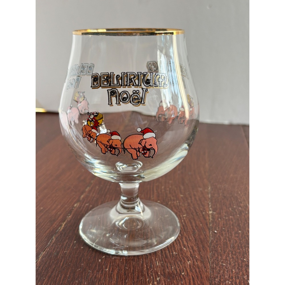 Delirium Noel Belgian Beer Glass Pink Elephant Holiday Gold Rim 25cl Tulip Stem